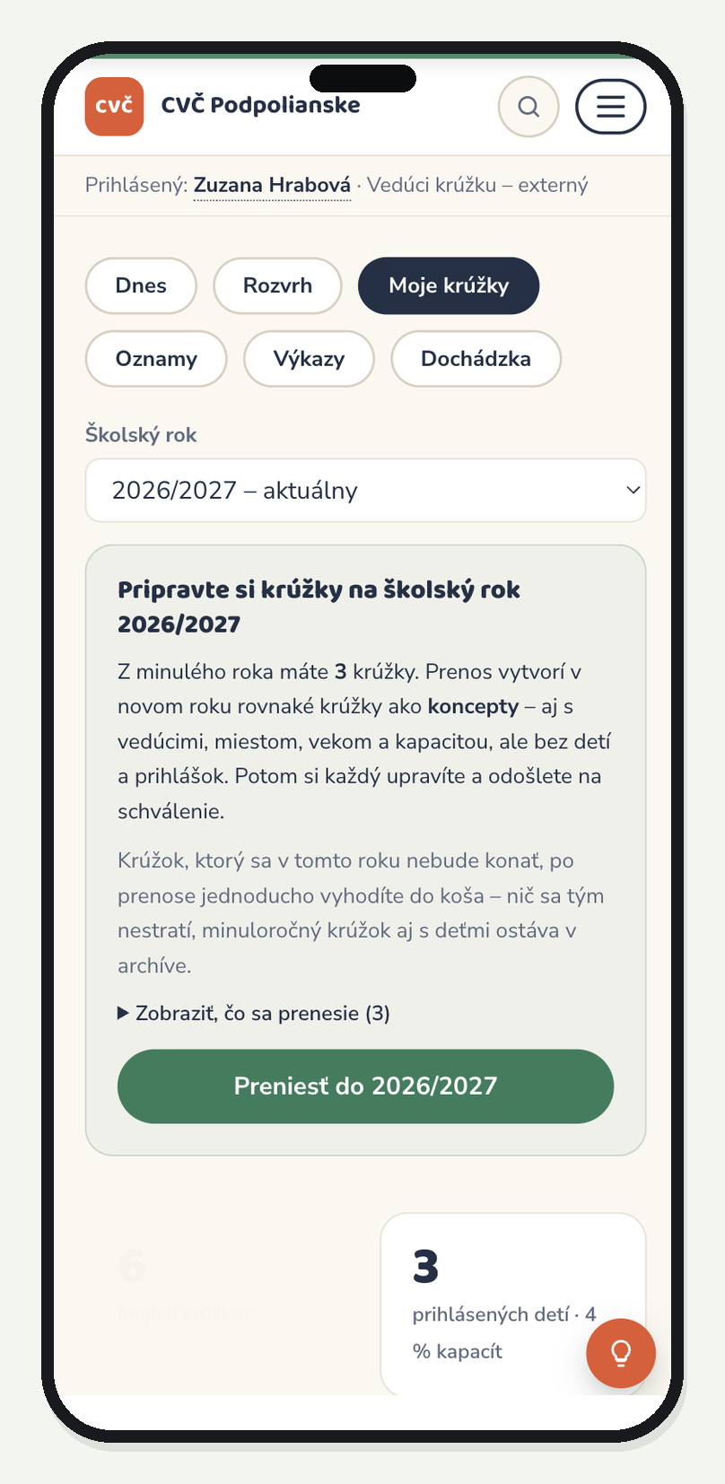 Portál CVČ na mobile: agenda Moje krúžky s prepínačom školského roka a kartou Pripravte si krúžky na školský rok 2026/2027