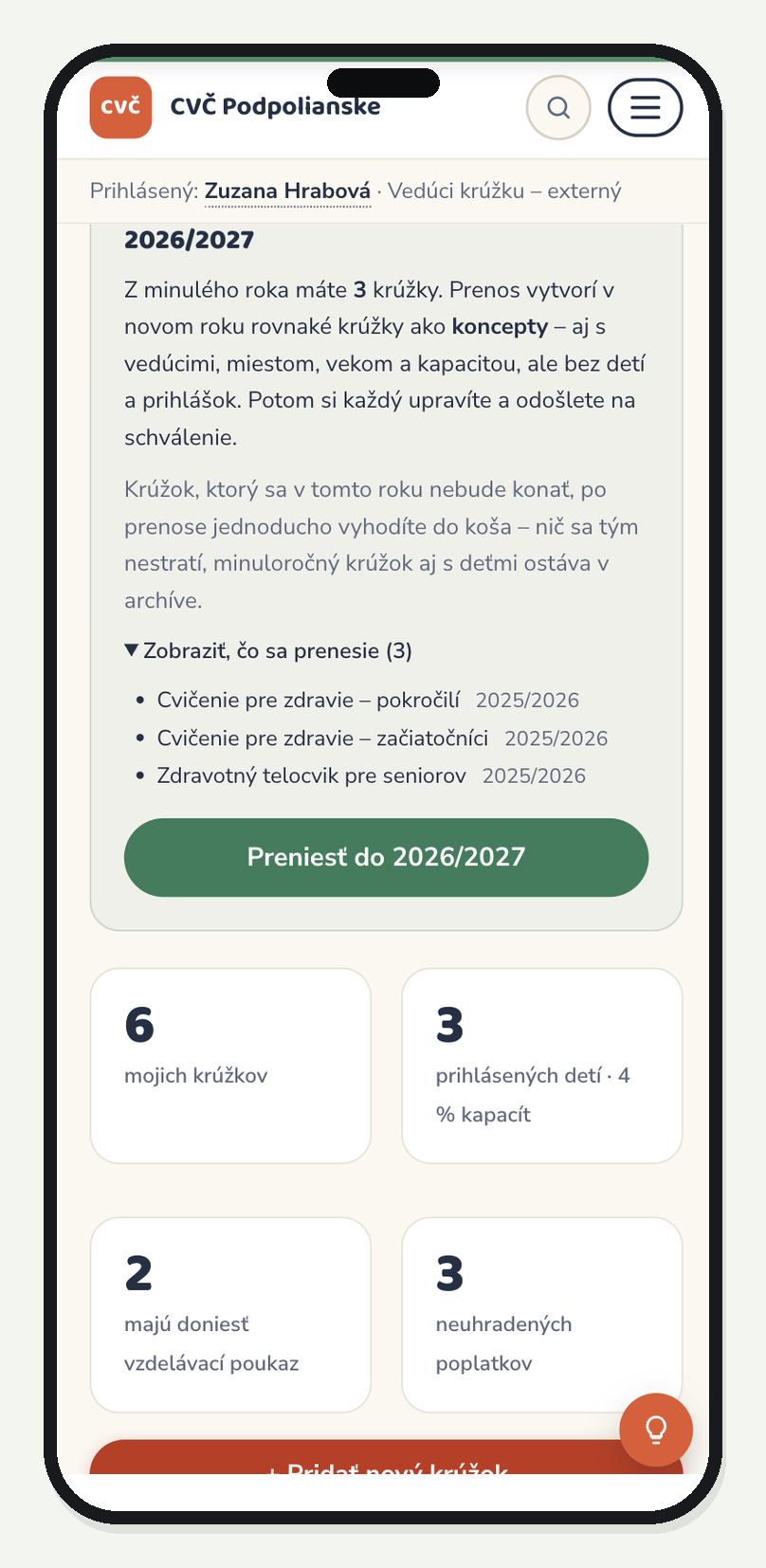 Rozbalený zoznam krúžkov, ktoré sa prenesú do nového školského roka, s uvedením roka 2025/2026