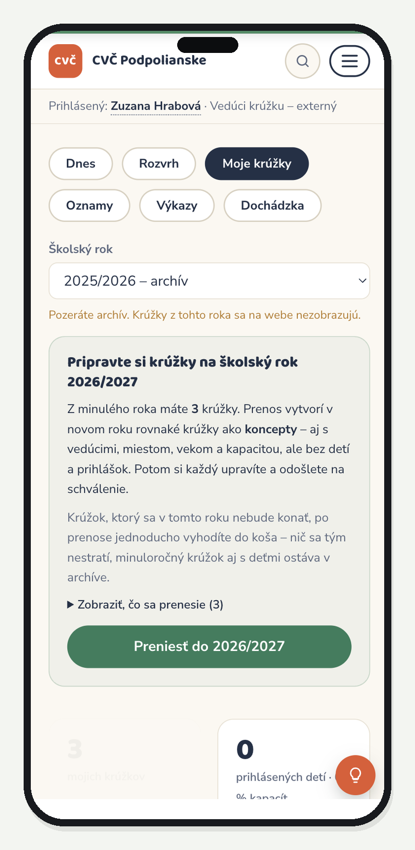 Archív krúžkov za školský rok 2025/2026 s upozornením, že krúžky z tohto roka sa na webe nezobrazujú