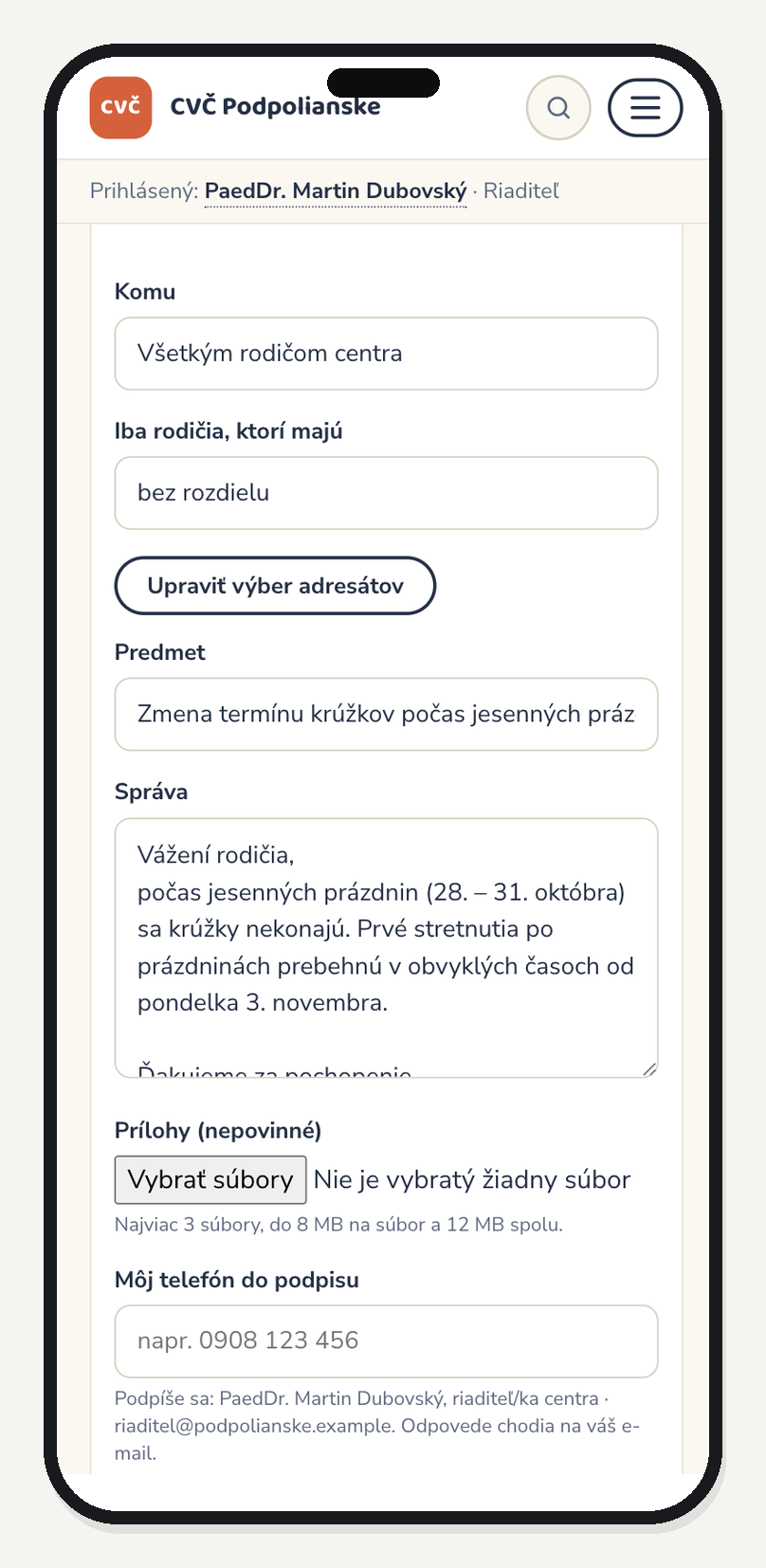 Portál CVČ na mobile: panel Pošta s poľom Komu nastaveným na Všetkým rodičom centra a tlačidlom Upraviť výber adresátov