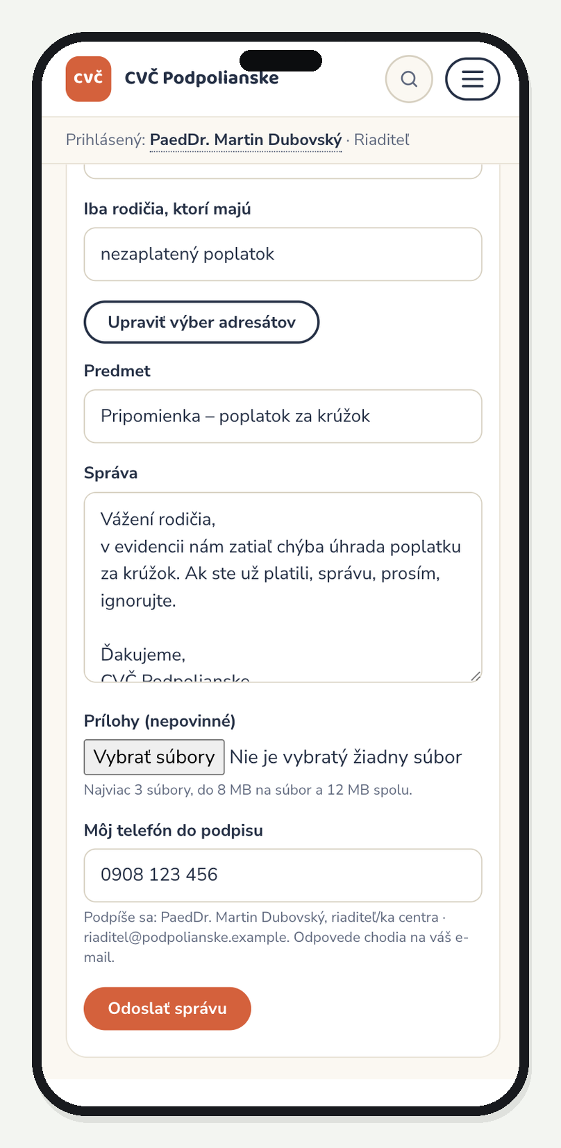Hromadná správa rodičom v Portáli CVČ: filter nezaplatený poplatok, predmet, text správy, prílohy a tlačidlo Odoslať správu
