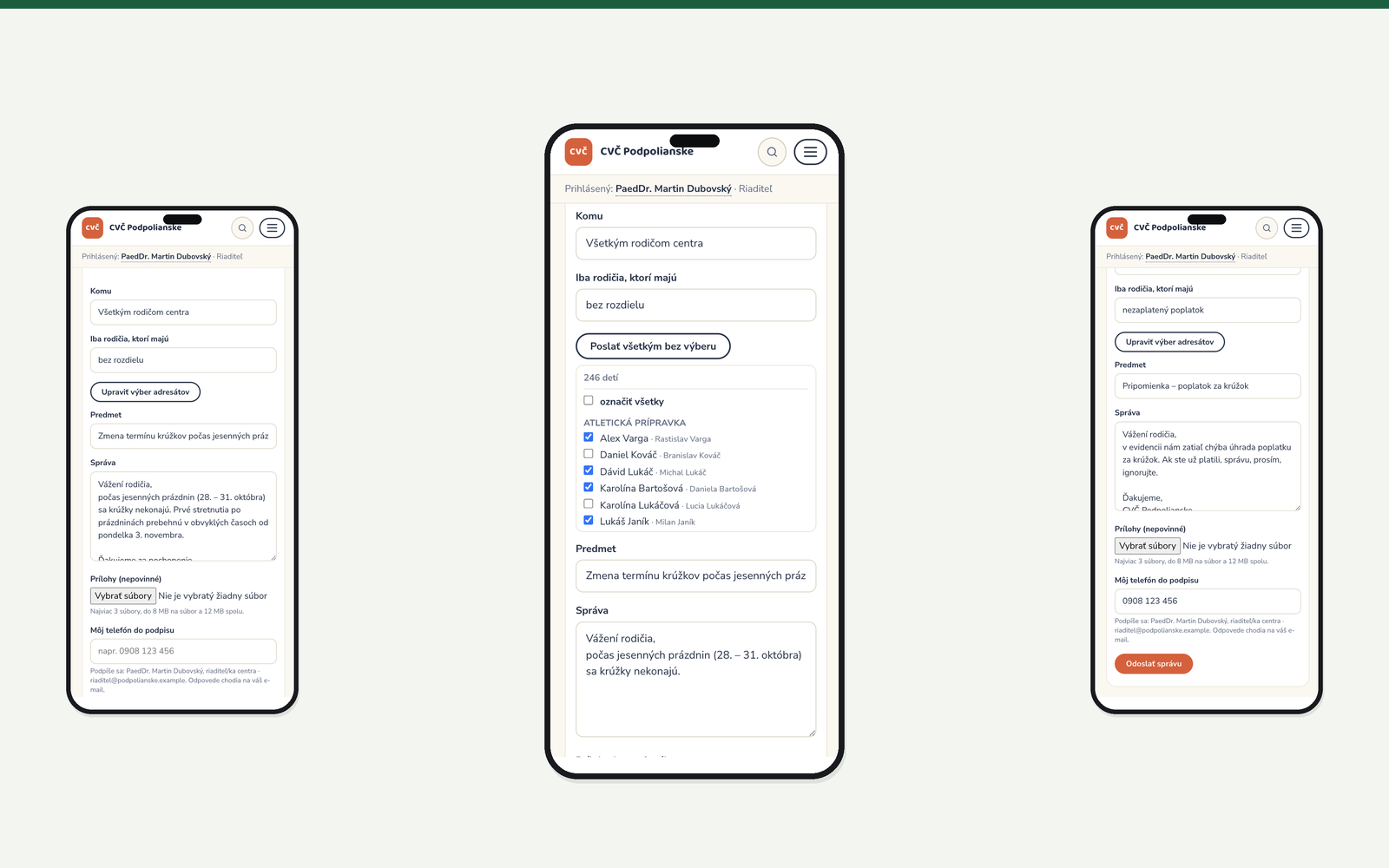 Výber adresátov pri hromadnej pošte v Portáli CVČ – tri obrazovky na mobile