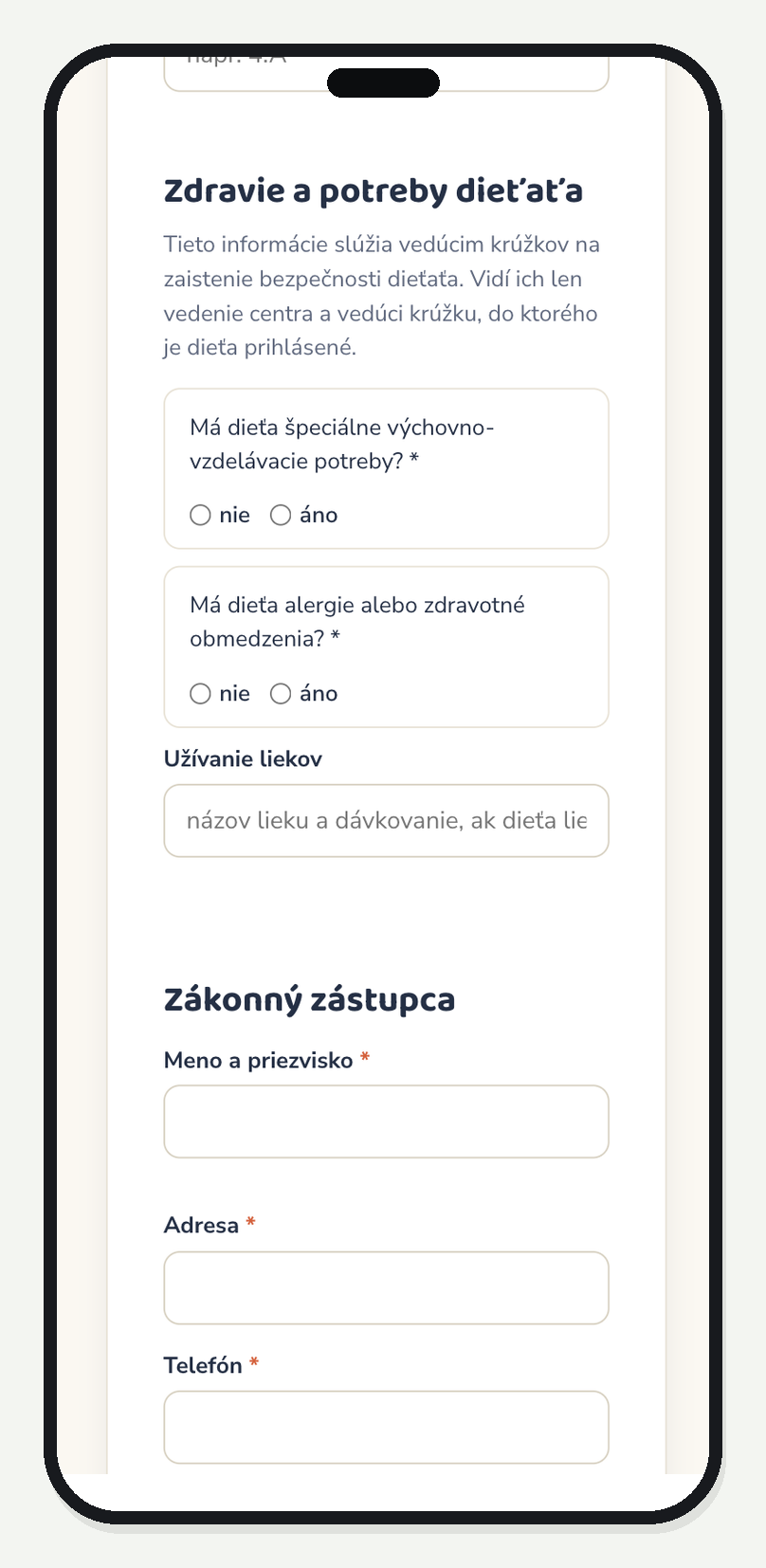 Elektronická prihláška do CVČ na mobile: sekcia Zdravie a potreby dieťaťa s dvoma povinnými otázkami áno/nie