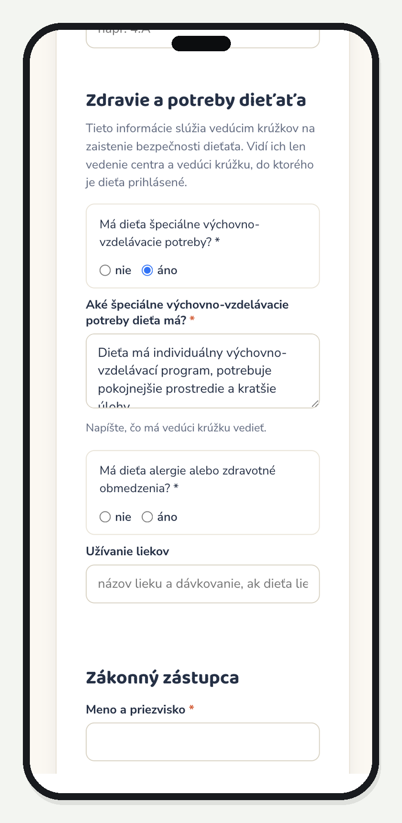 Prihláška do CVČ: po odpovedi áno sa vysunulo povinné pole na spresnenie špeciálnych výchovno-vzdelávacích potrieb