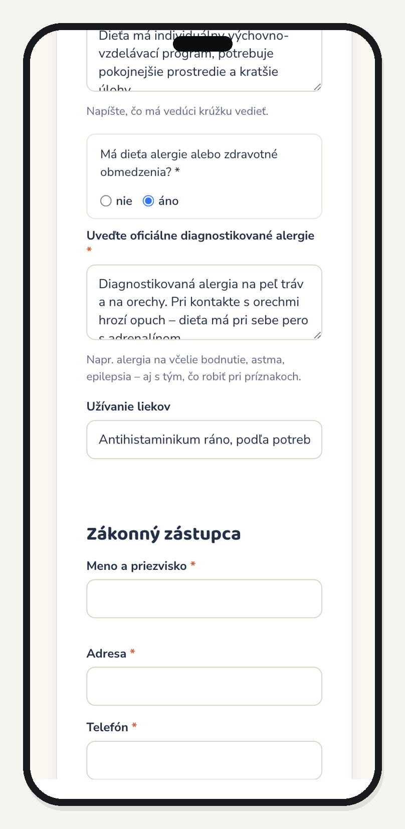Prihláška do CVČ: vyplnené diagnostikované alergie a užívanie liekov v sekcii Zdravie a potreby dieťaťa