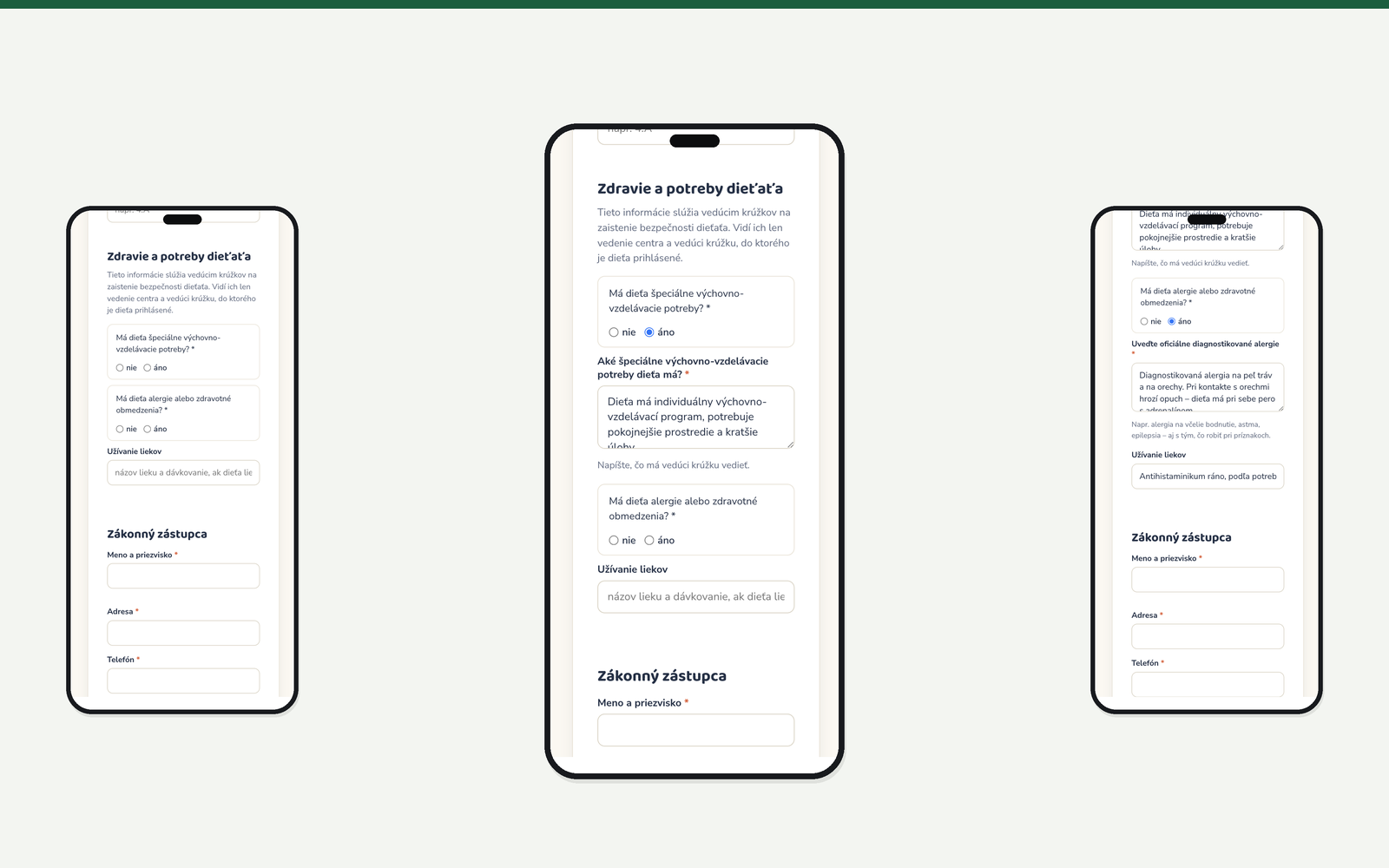 Zdravotné otázky v elektronickej prihláške do CVČ – tri obrazovky na mobile